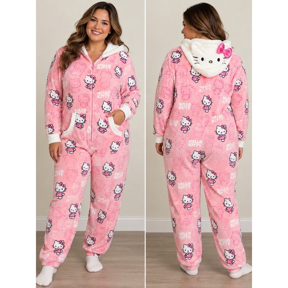 Hello Kitty Women’s XL 16-18 Pink Plush Fleece Hooded One-Piece Pajama
